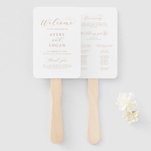 Elegant Gold Script Wedding Program Hand Fan Handwaaier (Voorkant en achterkant)