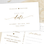 Elegant Gold Script, Wedding Save the Date P Briefkaart<br><div class="desc">Je trouwdatum bekendmaken met deze mooie, elegante en eenvoudige bruiloft, behalve het date briefkaart. Elegant modern hand geschreven de typografie van het Manuscript door uit. Schone en eenvoudige stijl. Wit en goudvormig design met een gouden folie. Mogelijkheid om "Save the" te wijzigen in "Save our"-datum. Terug met gebied voor uw...</div>