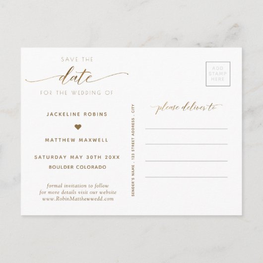 Elegant Gold Script, Wedding Save the Date P Briefkaart (Achterkant)