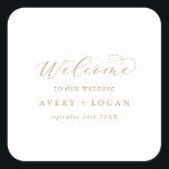 Elegant Gold Script Wedding Welcome Square Sticker<br><div class="desc">Deze elegante gouden stickers van de gouden bruiloft zijn perfect voor een eenvoudige bruiloft. Het minimalistische goud- en witte design is uitgerust met fancy romantische typografie met moderne glazen stijl. in elke kleur. Houd het ontwerp minimaal en vaag, zoals het is, of pas het aan door uw eigen afbeeldingen en...</div>