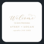 Elegant Gold Script Wedding Welcome Square Sticker<br><div class="desc">Deze elegante gouden stickers van de gouden bruiloft zijn perfect voor een eenvoudige bruiloft. Het minimalistische goud- en witte design is uitgerust met fancy romantische typografie met moderne glazen stijl. in elke kleur. Houd het ontwerp minimaal en vaag, zoals het is, of pas het aan door uw eigen afbeeldingen en...</div>