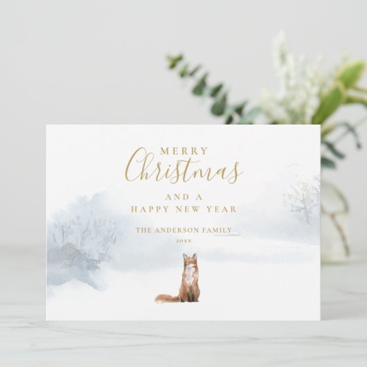 Elegant Gold Script Winter Fox Feestdagenkaart (Staand voorkant)