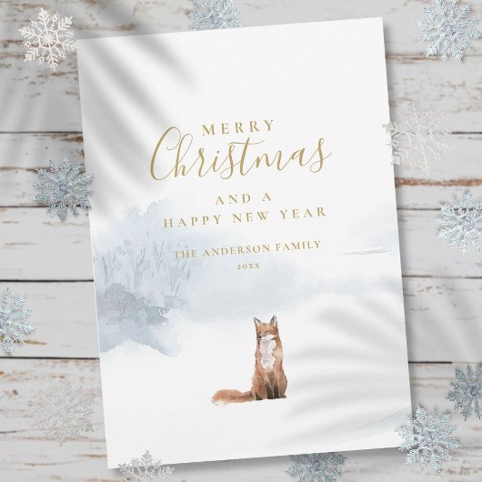 Elegant Gold Script Winter Fox Feestdagenkaart