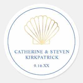 Elegant Gold Seashell Beach Blue White Weddenschap Ronde Sticker