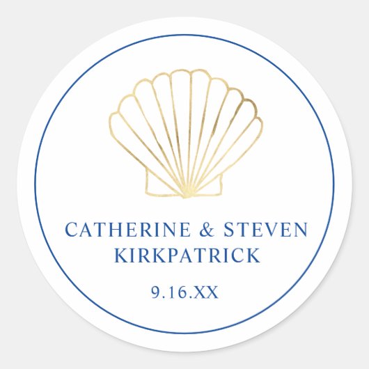 Elegant Gold Seashell Beach Blue White Weddenschap Ronde Sticker (Voorkant)