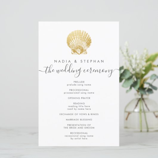 Elegant Gold Seashell Budget Wedding Programme (Staand voorkant)