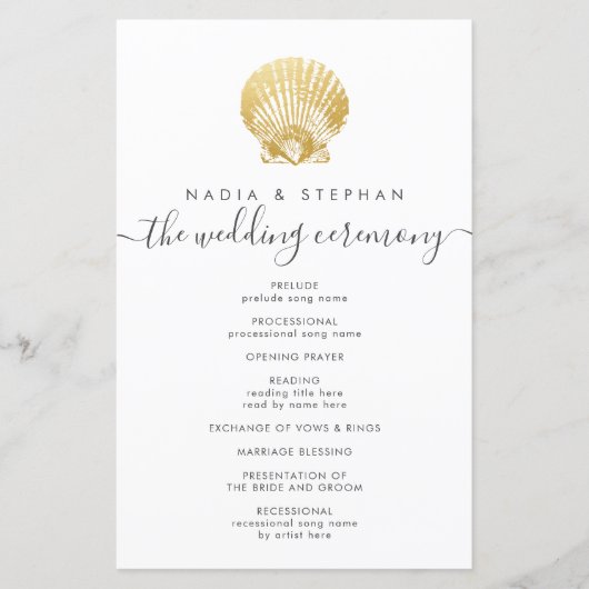 Elegant Gold Seashell Budget Wedding Programme (Voorkant)