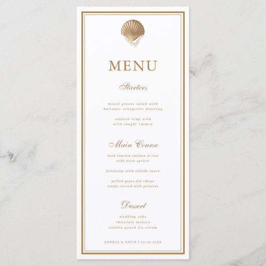 Elegant Gold Seashell Coastal Wedding Menu Kaart (Voorkant)