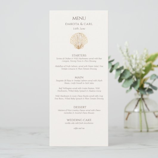 Elegant Gold Seashell Creamy Double Side Wedding Menu (Staand voorkant)