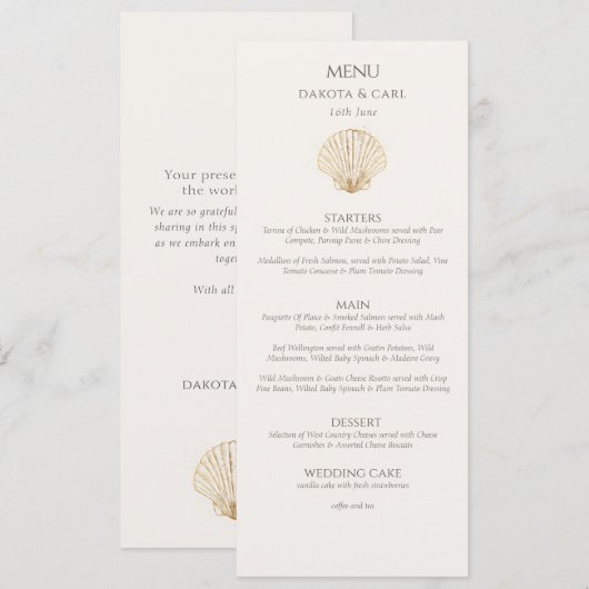 Elegant Gold Seashell Creamy Double Side Wedding  Menu (Voorkant / Achterkant)