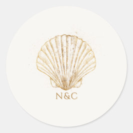 Elegant Gold Seashell Names Initials Wedding Ronde Sticker