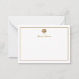 Elegant Gold Seashell & Pearls Custom Name Coastal Notitiekaartje