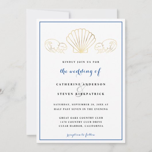 Elegant Gold Seashell Waves Wedding Kaart (Voorkant)