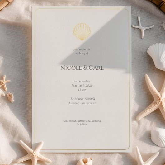 Elegant Gold Seashell Wedding invitation Folie Uitnodiging