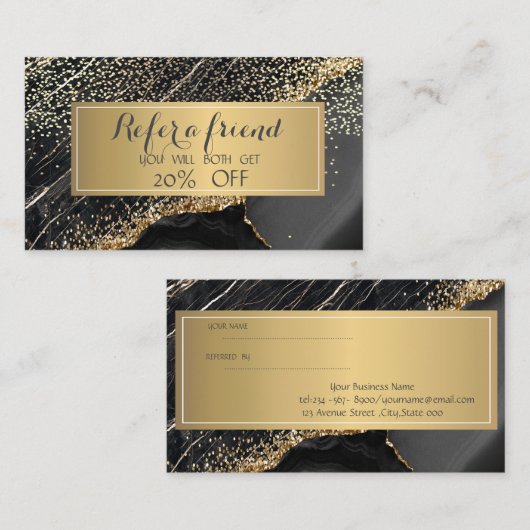 Elegant Gold Sequins, Lijst Black Marble Aanbevelingskaartje (Voorkant / Achterkant)
