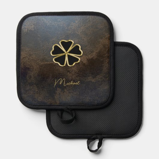 Elegant Gold Shamrock, Clover Leather look Pannenlap (Voorkant / Achterkant)