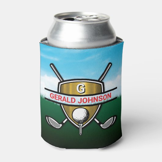 Elegant Gold Shield Golf Monogram Design Can Coole Blikjeskoeler (Blikje Voorkant)
