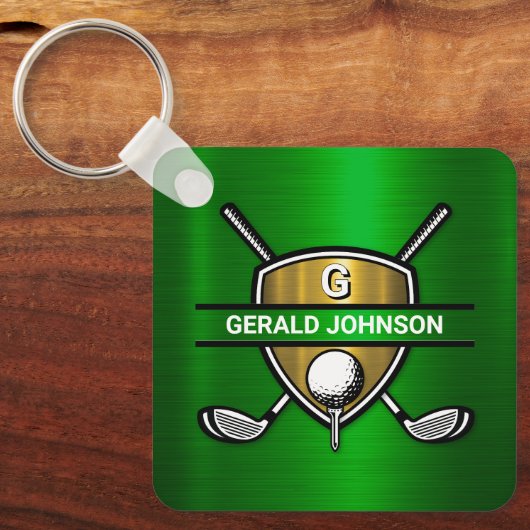 Elegant Gold Shield Golf Monogram Ontwerp Sleutelhanger (Voorkant)