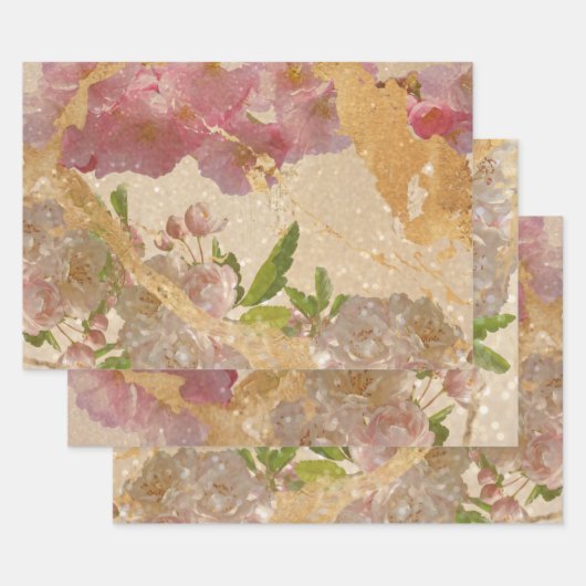 Elegant Gold Shimmer Floral Decoupage Design Inpakpapier Vel (Set)