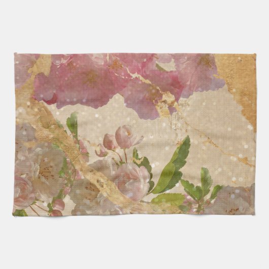Elegant Gold Shimmer Floral-ontkoppeling Theedoek (Horizontaal)