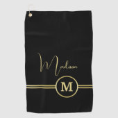 Elegant Gold Signature Monogram on Black Golfhanddoek (Voorkant)