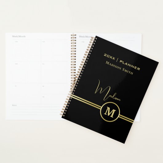 Elegant Gold Signature Monogram on Black Planner (Display)