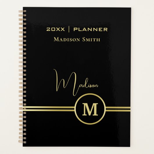 Elegant Gold Signature Monogram on Black Planner (Voorkant)