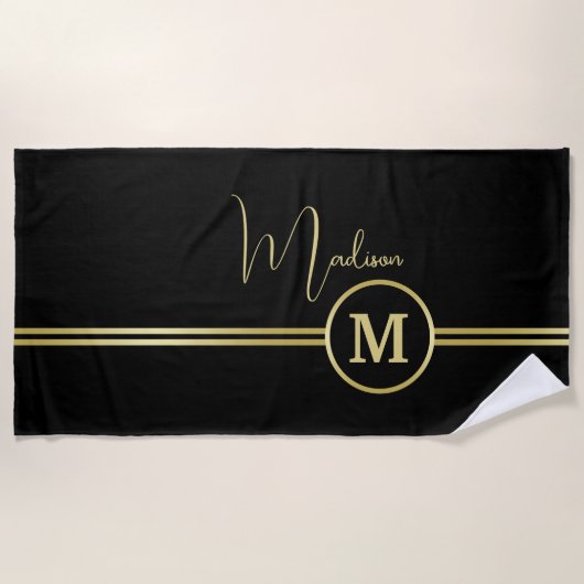Elegant Gold Signature Monogram on Black Strandlaken (Voorkant)