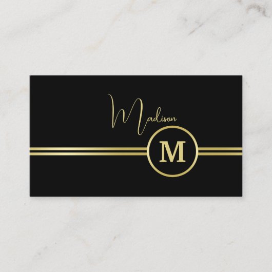 Elegant Gold Signature Monogram on Black Visitekaartje (Voorkant)