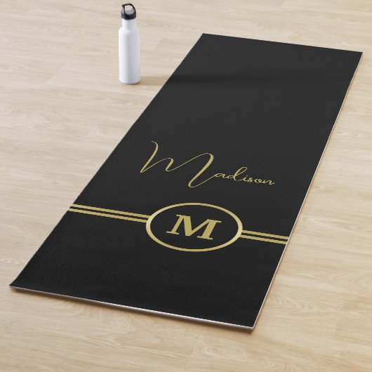 Elegant Gold Signature Monogram on Black Yogamat (In situ)