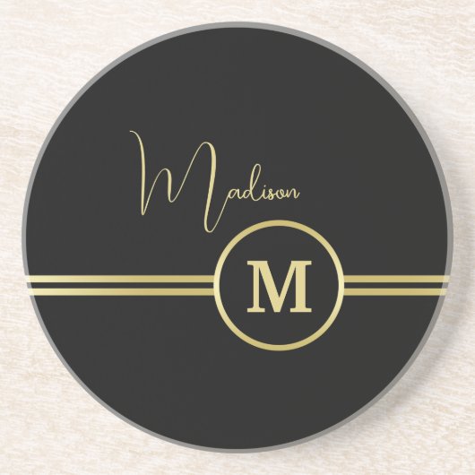 Elegant Gold Signature Monogram on Black Zandsteen Onderzetter (Voorkant)