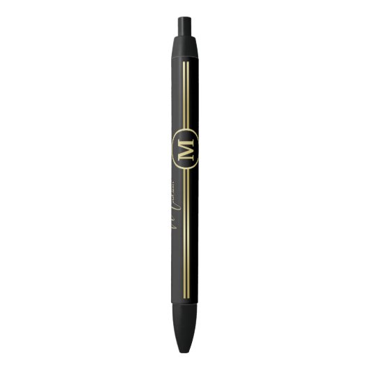 Elegant Gold Signature Monogram on Black Zwarte Inkt Pen (Voorkant Verticaal)