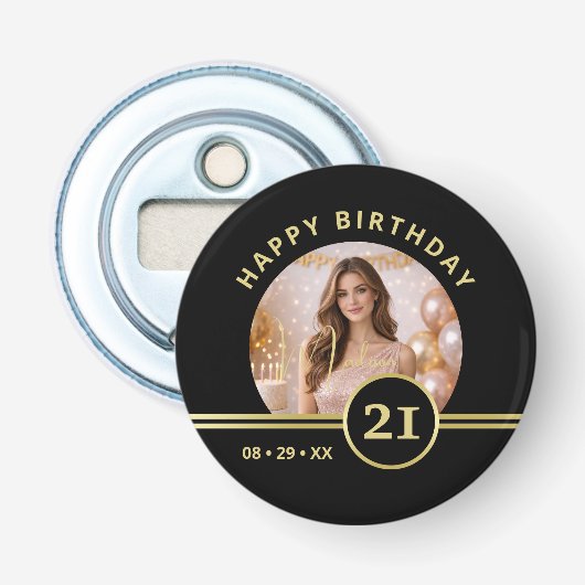 Elegant Gold Signature Monogram with Photo Button Flesopener (Voorkant)