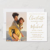 Elegant Gold Signature Script Photos Wedding Kaart (Voorkant)