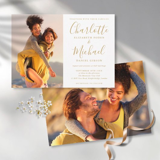 Elegant Gold Signature Script Photos Wedding Kaart