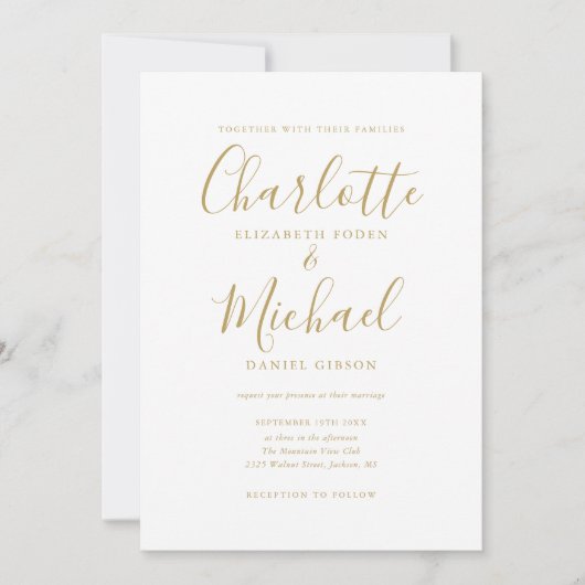 Elegant Gold Signature Script Wedding Invitation Kaart (Voorkant)