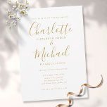 Elegant Gold Signature Script Wedding Invitation Kaart<br><div class="desc">Deze elegante trouwuitnodiging met namen met een handtekeningstijl kan worden gepersonaliseerd met je informatie in het schrijven van het kerkelijke goud. Ontworpen door: Thisnotme©</div>