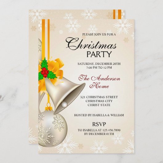 Elegant Gold Silver Bells Kerstmis Kaart (Voorkant / Achterkant)