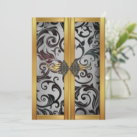 Elegant Gold Silver Cupboard Brocade Party Kaart (Staand voorkant)