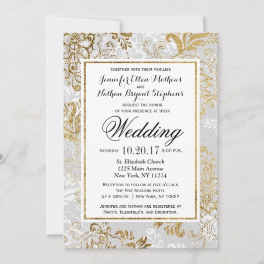 Elegant Gold Silver en Grey Floral Wedding Invite Kaart (Voorkant)