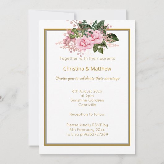 ELEGANT GOLD SILVER FLORAL WEDDING INVITATION KAART (Voorkant)