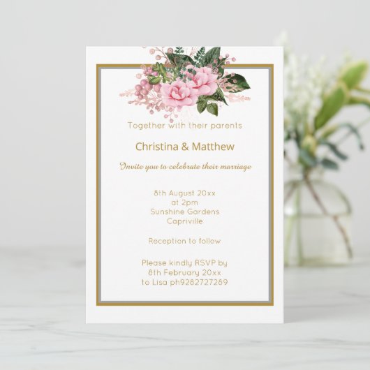ELEGANT GOLD SILVER FLORAL WEDDING INVITATION KAART (Staand voorkant)