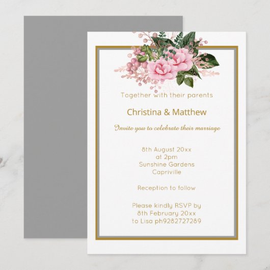 ELEGANT GOLD SILVER FLORAL WEDDING INVITATION KAART (Voorkant / Achterkant)