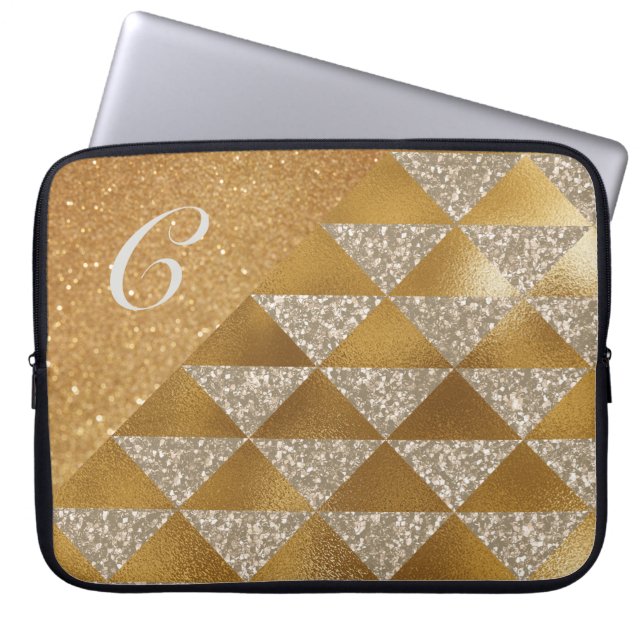 Elegant Gold Silver Glitter Monogram Glam Laptop Sleeve (Voorkant)