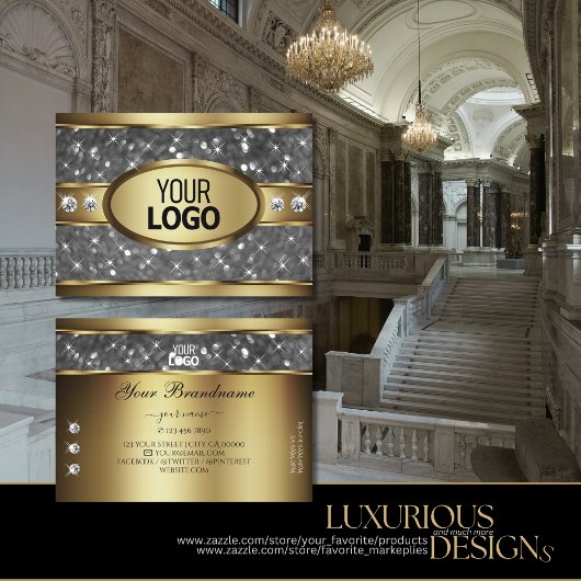 Elegant Gold Silver Glitter Stars Diamonds Logo Visitekaartje