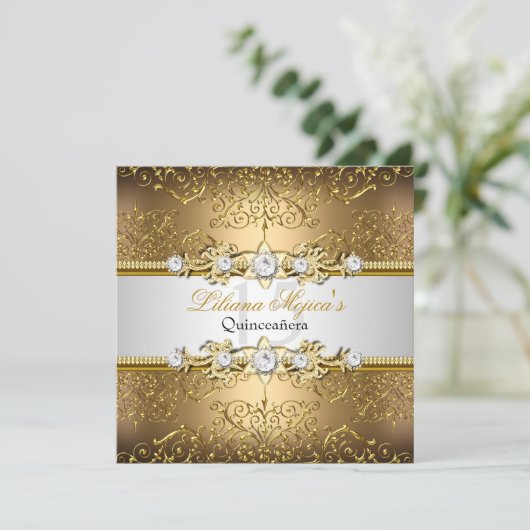 Elegant Gold Silver Swirl Damask Quinceanera Kaart (Staand voorkant)