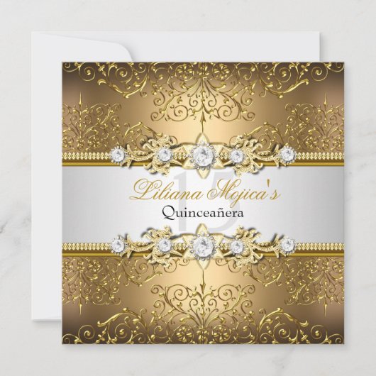 Elegant Gold Silver Swirl Damask Quinceanera Kaart (Voorkant)