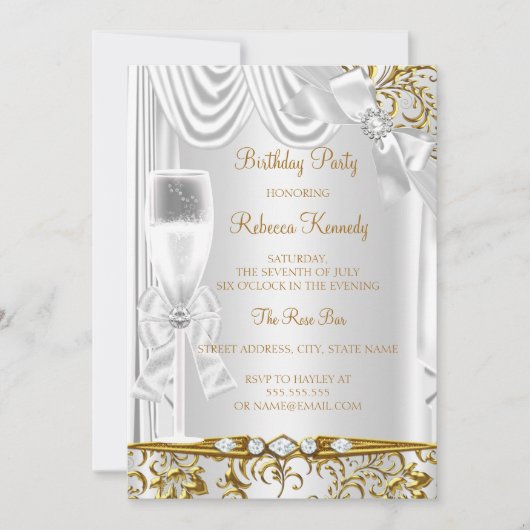 Elegant Gold Silver White Silk Champagne Birthday Kaart (Voorkant)