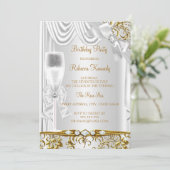 Elegant Gold Silver White Silk Champagne Birthday Kaart (Staand voorkant)