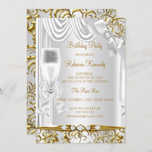 Elegant Gold Silver White Silk Champagne Birthday Kaart
